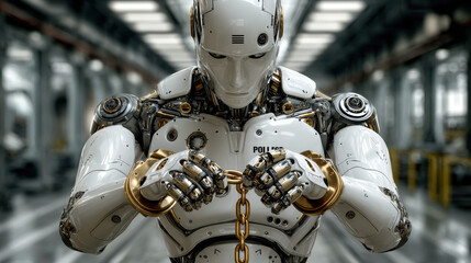 Futuristic robot criminal with handcuffs in a industrial setting, crime, police and technology concept