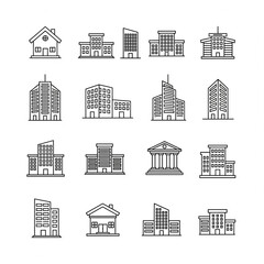 Architectural Diversity: An array of building icons, presenting a diverse range of architectural designs from quaint houses to towering skyscrapers.