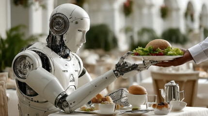 Futuristic robot dining in elegant restaurant setting with gourmet food and sophisticated ambiance showcasing advanced technology