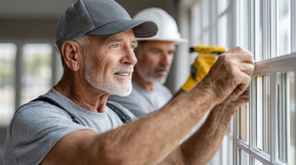 Elderly craftsman and colleague installing new window frames in residential home renovation project