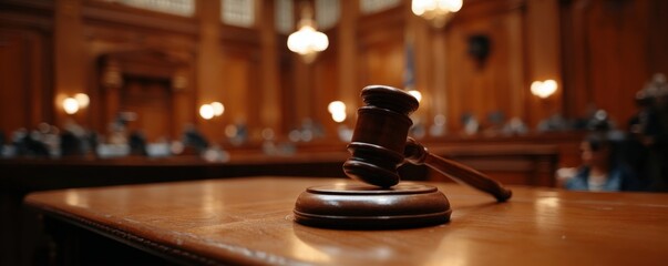 A wooden gavel rests on a desk in a courtroom, symbolizing justice and legal authority during a trial.