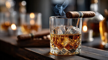 Smoky cigar and whiskey glass with ice cubes on rustic bar in warm candlelight ambiance