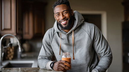 Happy black man in gray hoodie holding smoothie in kitchen setting, athletic person