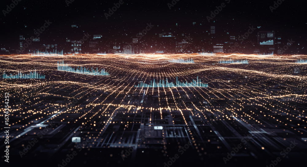 Poster an abstract digital landscape with glowing data particles and information streams, representing big 