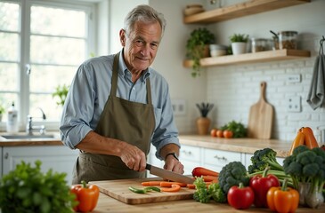 Elderly Man Preparing Healthy Meal – Fresh Vegetable Prep in Sunlit Modern Kitchen