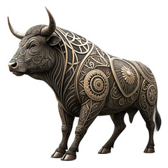 Fototapeta premium 3D bull shown in side profile, its muscular form wrapped in complex tribal and mandala designs