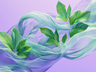 Lush green leaves float gracefully amidst flowing translucent fabric against soft purple background, creating serene and ethereal atmosphere