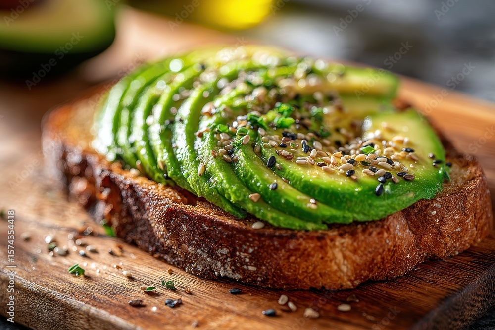 Poster close-up of avocado toast on a wooden board with transparent background image.