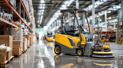 Yellow industrial floor cleaner in warehouse with shelves and cartons on polished concrete floor