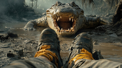 Dramatic scene with aggressive crocodile in muddy swamp and hiker, big scary reptile attacks adventurer in jungle, concept of adventure, horror, danger.