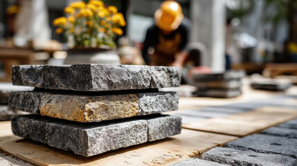 Construction worker arranging stone tiles in outdoor setting with yellow flowers in background
