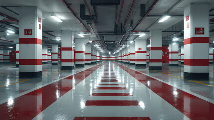 Modern underground parking garage with red striped columns and reflective floor
