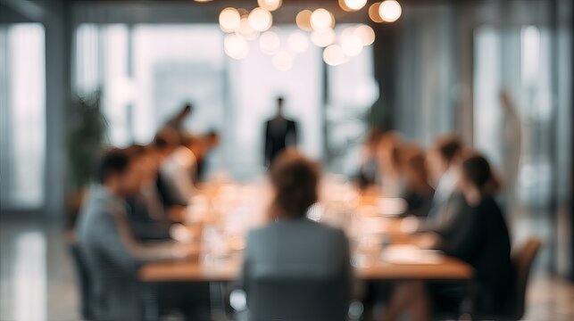 Blurred conference room scene shows business people meeting for strategic planning and decision-making together indoors