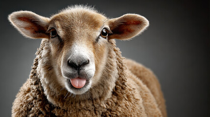 Sheep sticking out tongue playfully, cute funny animal in studio with empty dark background, humor theme