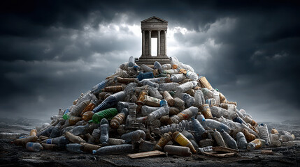 Ancient temple on mountain of plastic bottles under stormy skies highlighting environmental pollution