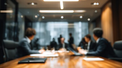 Blurred office scene capturing dynamic business meeting and collaboration with a professional and corporate atmosphere.