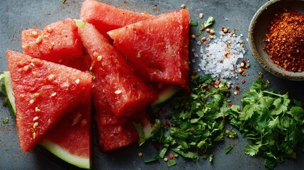 Flat lay of sliced watermelon, fresh herbs, and chili powder