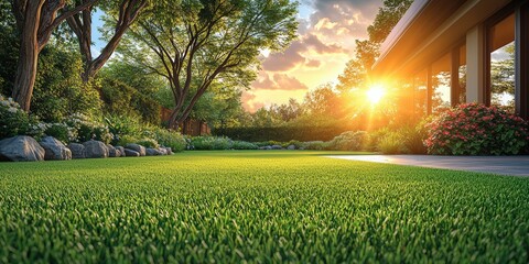 A vibrant backyard lawn with lush green grass, trees, rocks, and a modern house bathed in warm sunlight during sunset.