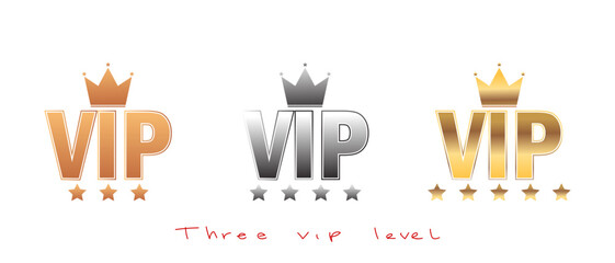 Set of VIP badges, icon, sign, tag, symbol in Three level. Gold, silver and bronze color round labels collection.