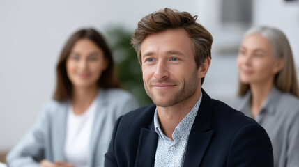 Fototapeta premium Dynamic Boardroom Collaboration: Male Leader Engaging with Female Team Member