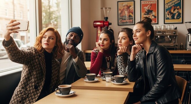 Influencers taking selfies in a coffee shop wearing branded clothing.