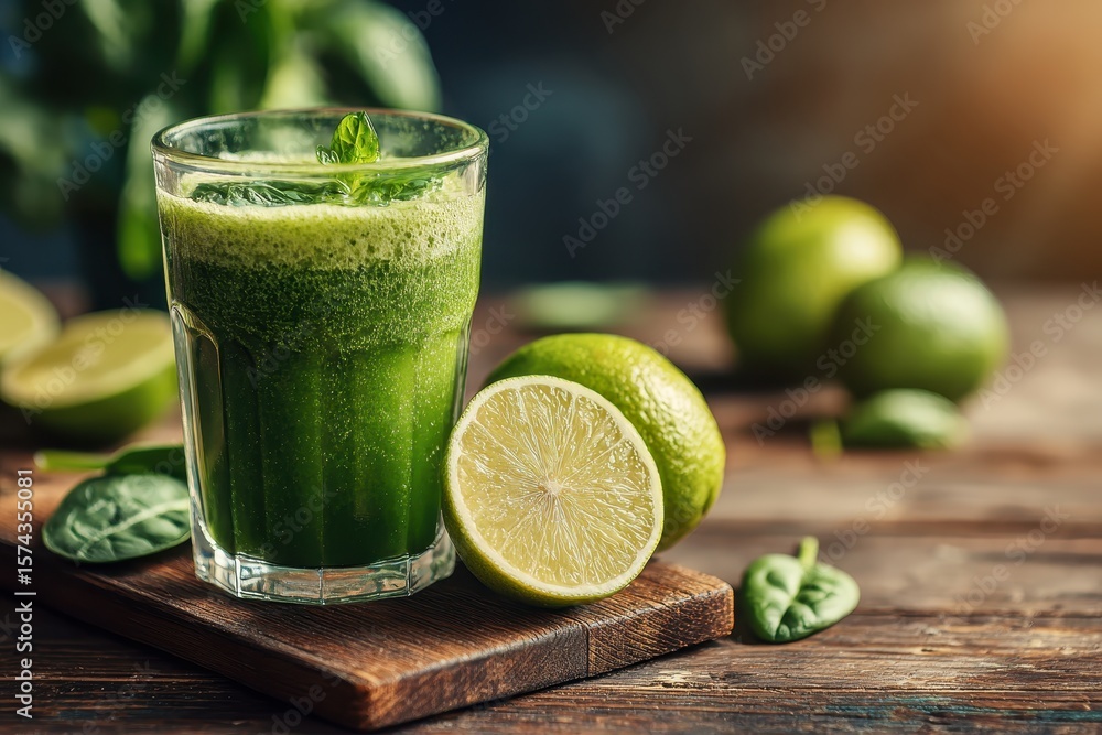 Poster refreshing green smoothie with lime and spinach, isolated on transparent background