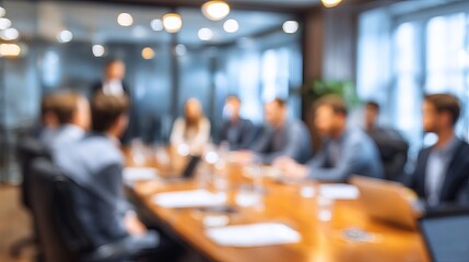 Blurred corporate setting showcases team meeting around boardroom table with warm lighting in professional environment