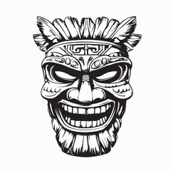 Tiki mask vintage logo line art concept black and white color image