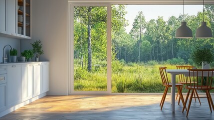 Modern kitchen with forest view