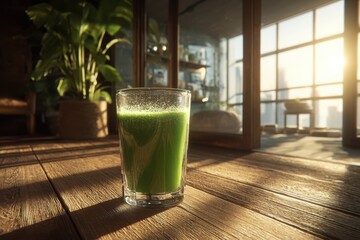 Vibrant green healthy smoothie in a glass, isolated on transparent background, detox drink.