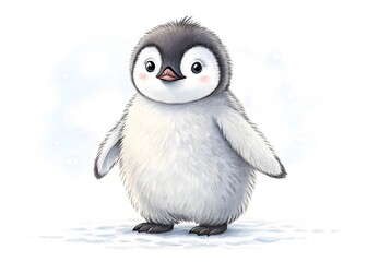 Fototapeta premium A cute baby penguin stands on snow isolated on white background