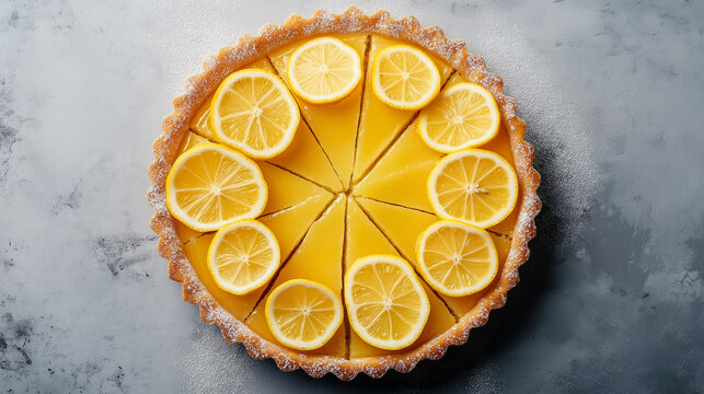 Lemon tart slices served on white plates 