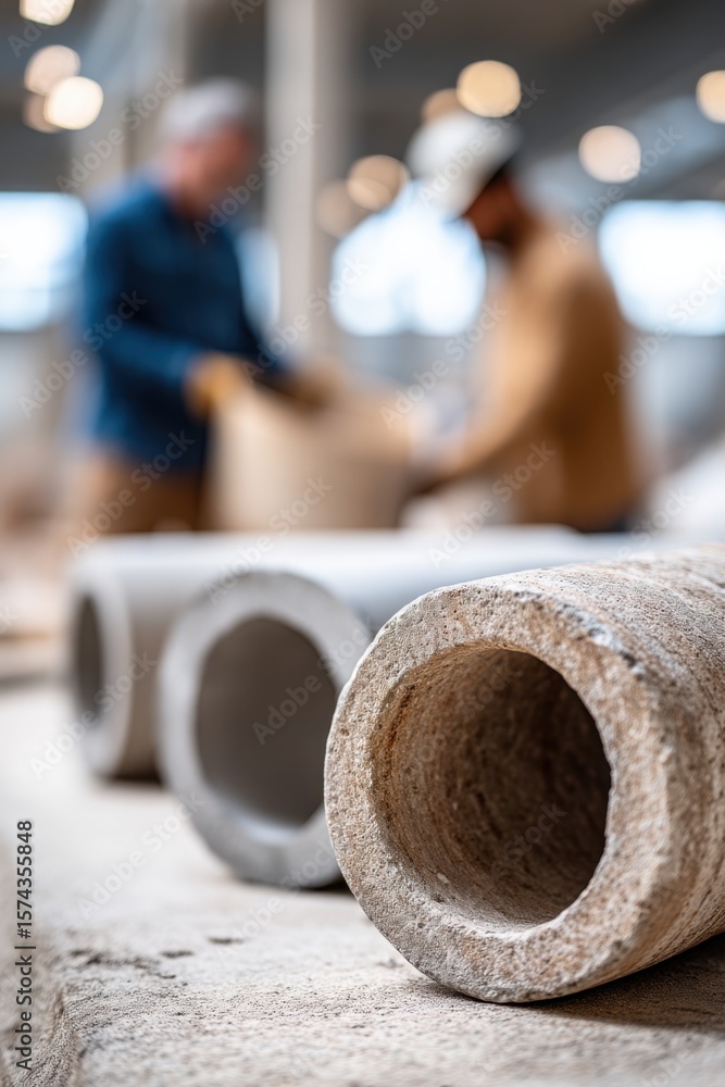 Poster transforming raw materials into efficient sewer systems in a bustling factory environment