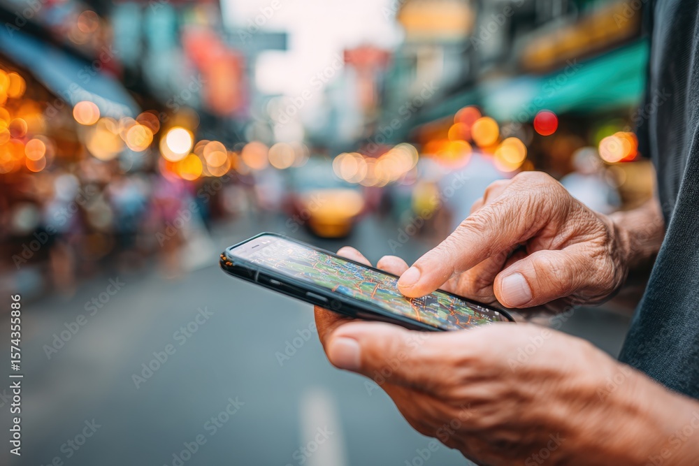 Poster hands using smartphone with map app, isolated on transparent background