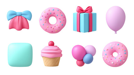 Collection of charming and delightful elements in lovely pink and blue colors isolated on white background