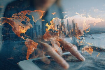 Digital world map and city skyline overlay on isolated transparent background