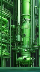 eco-industrial vertical chambers for energy production Green hydrogen production facility, futuristic equipment,