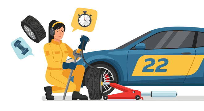 A female race car mechanic changing a tire during a pit stop, timing the repair.