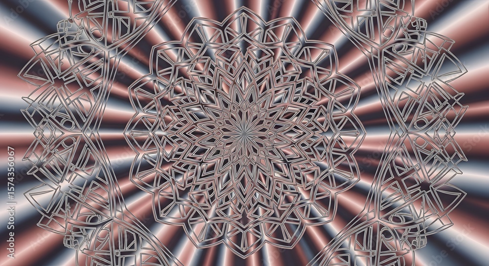 Poster abstract fractal design with radiating lines and intricate floral patterns in silver and muted tones