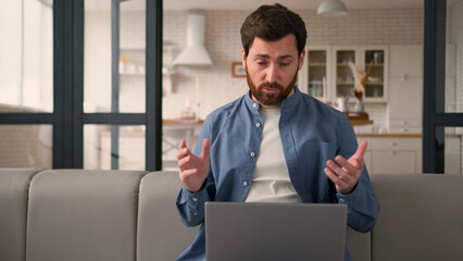Caucasian dad male man talking online conference remote working video call discussion naughty child...