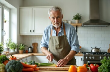 Elderly Man Preparing Healthy Meal – Fresh Vegetable Prep in Sunlit Modern Kitchen