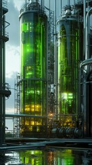 Green hydrogen production facility, futuristic equipment, clean energy photorealism, large green biofuel reactors in futuristic facility