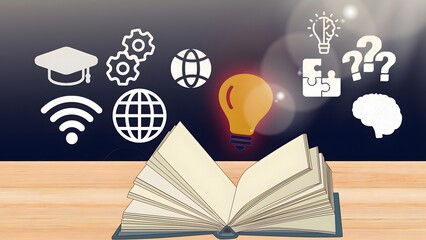 Open book with knowledge and education icons, symbolizing learning, creativity, innovation, and...