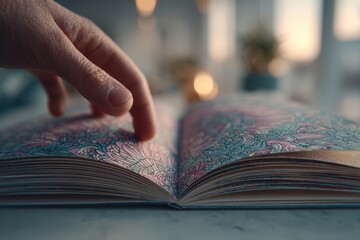 Hand on adult coloring book, intricate patterns, isolated on transparent background.