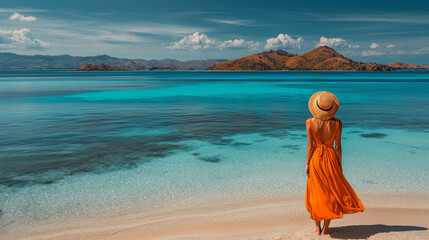 Seaside Solitude: a lone figure dressed in orange, wearing a sun hat, walks along the shore of a tranquil beach with crystal-clear turquoise water meeting the vast horizon.