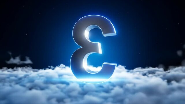 A chrome epsilon floats over puffy clouds in the night