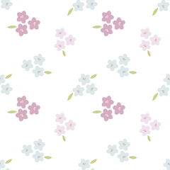 Seamless pattern with cute pink and light blue flowers and green leaves on a white background.