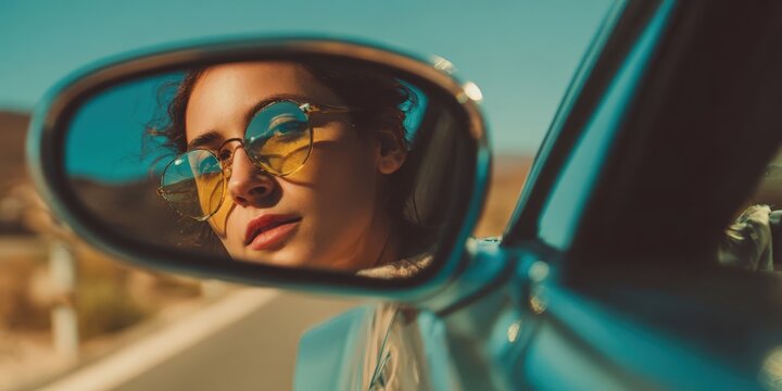 Young Beautiful Woman Adjusting Rearview Mirror While Driving Car - Travel Concept - Powered by Adobe