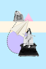 Sketch photo collage trend artwork of aged woman sit think paper flight young lady walk typewriter writing journalist print author story