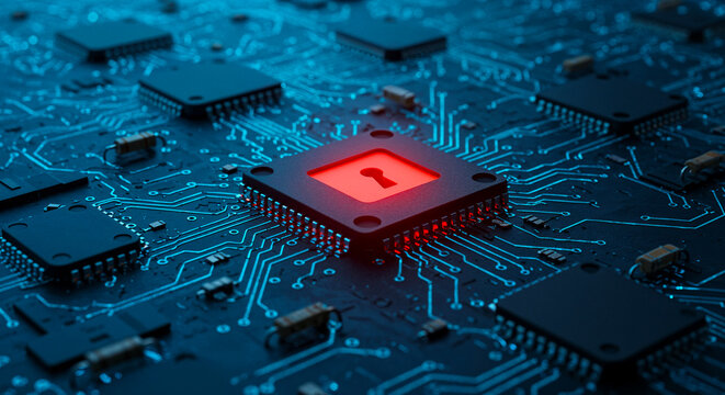 Cybersecurity Red Lock Icon on Circuit Board with Computer Chips and Digital Network Technology Background in Blue Glow